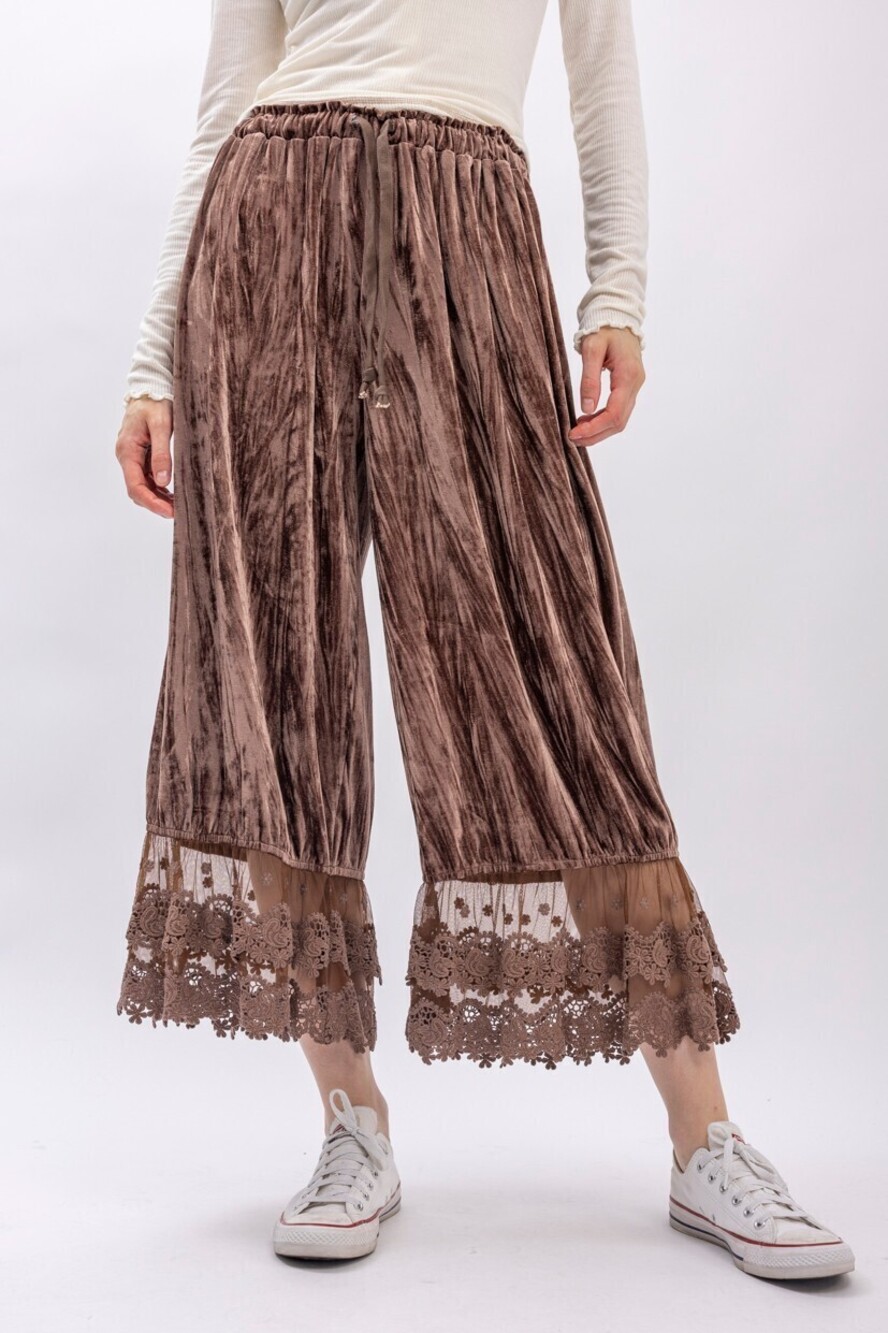BP-10252 | Blue Velvet Crinkled Velvet Lace Ruffle Bloomer Pants | Sizes S-XL